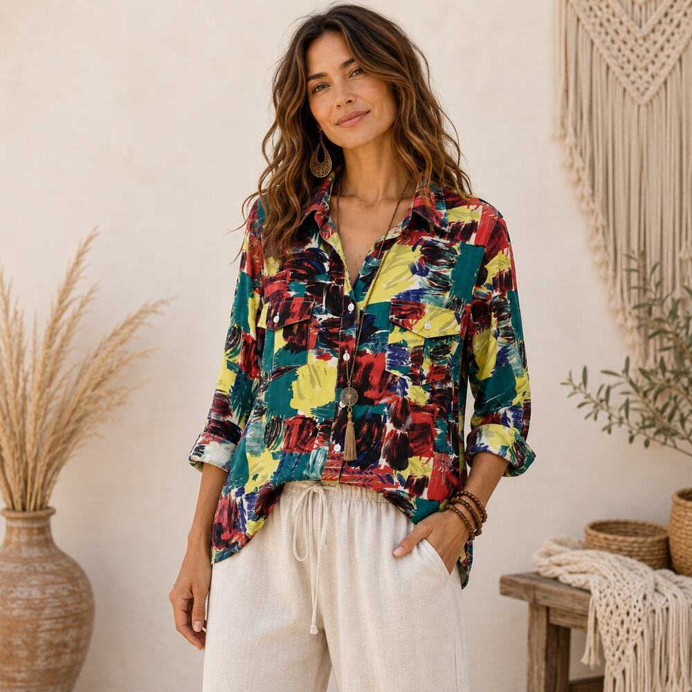Vintage Apparenza Button-Up Blouse Women's Size PL Artsy Colorful Retro
